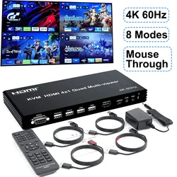 4K 60Hz HDMI Multiviewer KVM Switch 4x1 USB Quad Multi-Viewer PIP 90° 180° Flip for 4 PCs Share USB Keyboard and Mouse Control