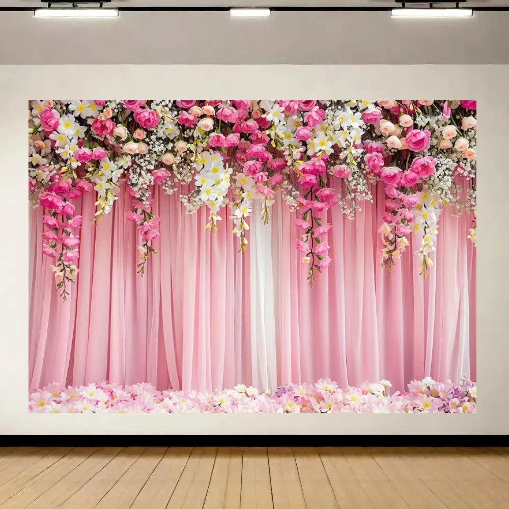 1pc Flower photography background, Wedding - birthday pink flower background banner, flower photography background Dessert table