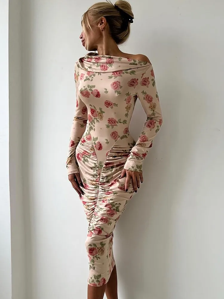Dresses 2025 For Woman Slim Vestidos Off Shoulder Printed Evening Elegant Dress Party Holiday Vintage Temperament Trendy Fashion