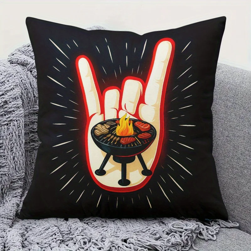Funny BBQ Pillow Case, Grilling Hand Sign Cushion Cover, Summer Party Home Decor Throw Pillow Slipcover for Sofa Patio