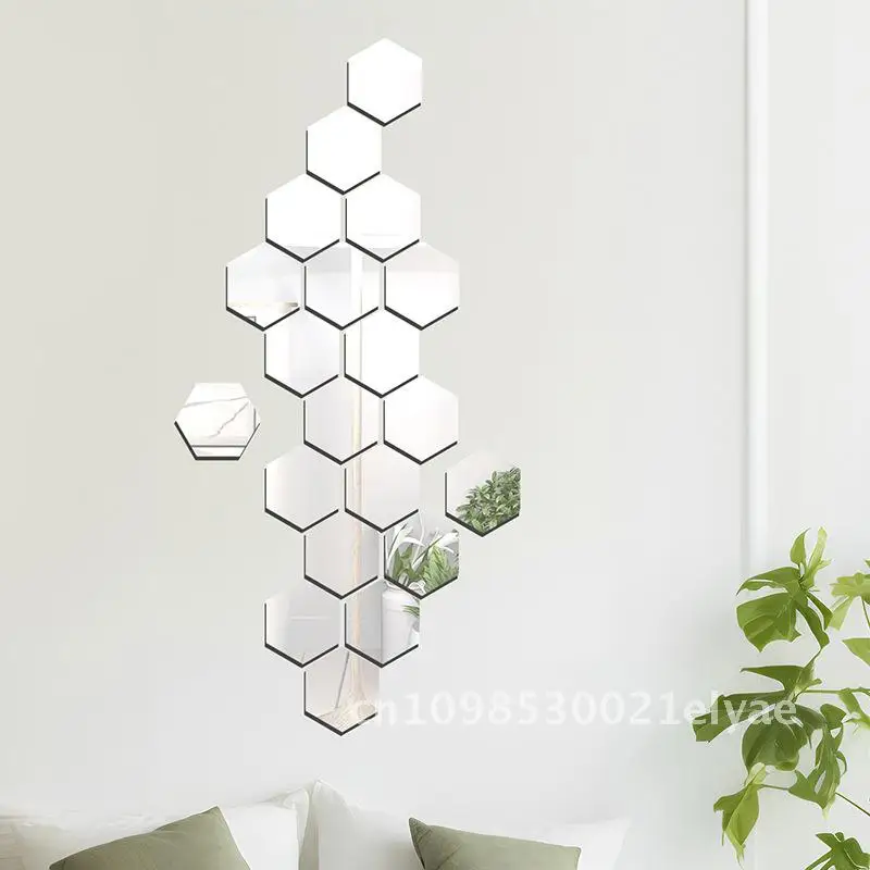 

Hexagonal Acrylic Mirror Wall Stickers DIY Self-Adhesive 3D Home Decor Background Stickers Silver Gold Black Red Blue Coffee