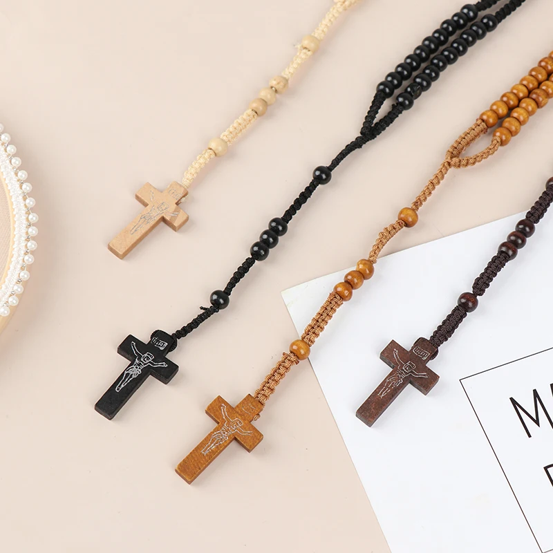 Christ Jesus Wooden Beads 8mm Rosary Bead Cross Pendant Woven Rope Chain Necklace Religious Orthodox Praying Jewelry Chain Decor