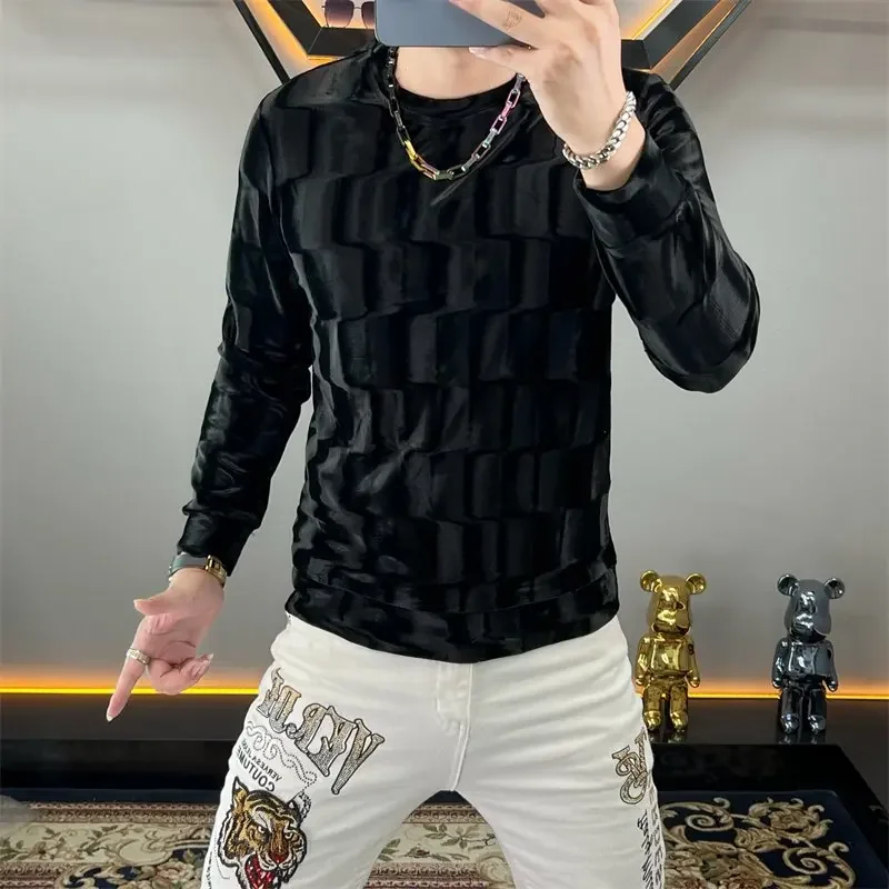 luxury Golden Velvet Round Neck Sweatshirts Men Long Sleeve T-shirt Top Men's Autumn Winter Fashion Casual Hoodie Pullover