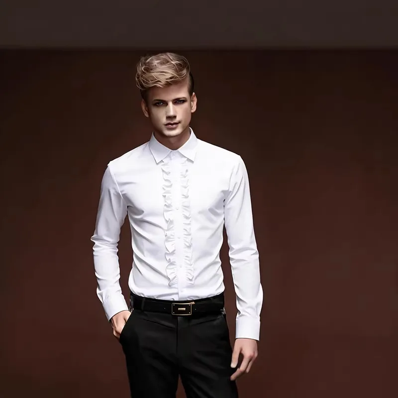 

Men's Ruffled Front Dress Shirt Formal Wedding Party Button Down Shirt