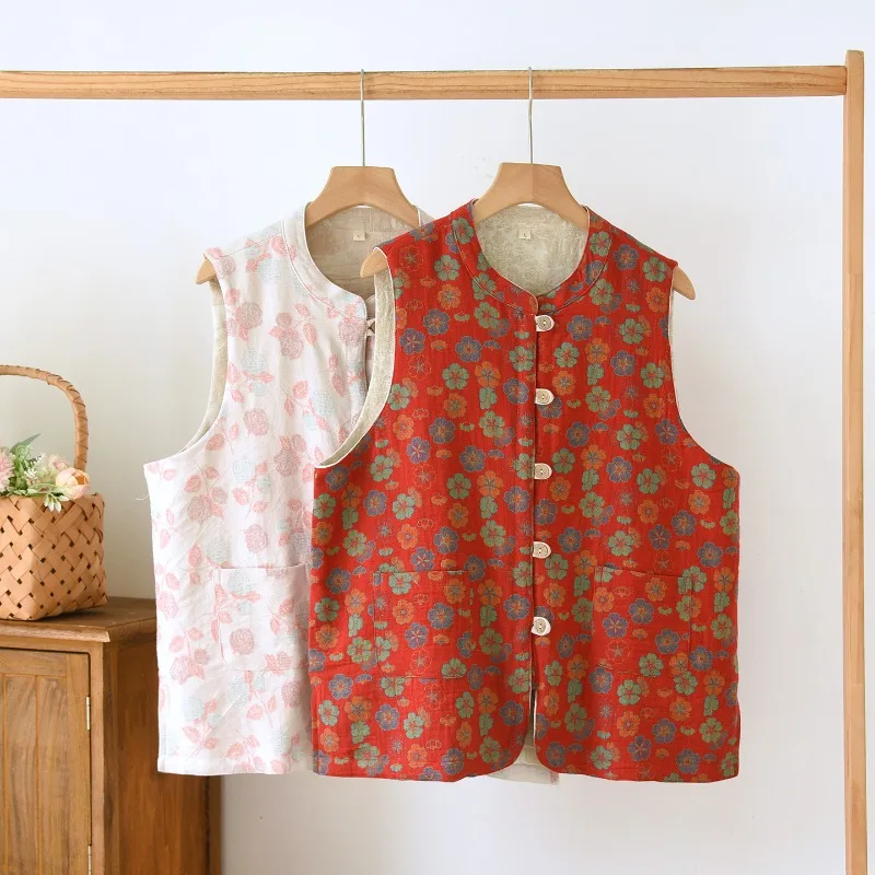 

Женский жилет с цветочным принтом в стиле ретро и карманами, хлопково-льняной жилет для осени, многослойный повседневный жилет, повседневный жилет на пуговицах для мамы
