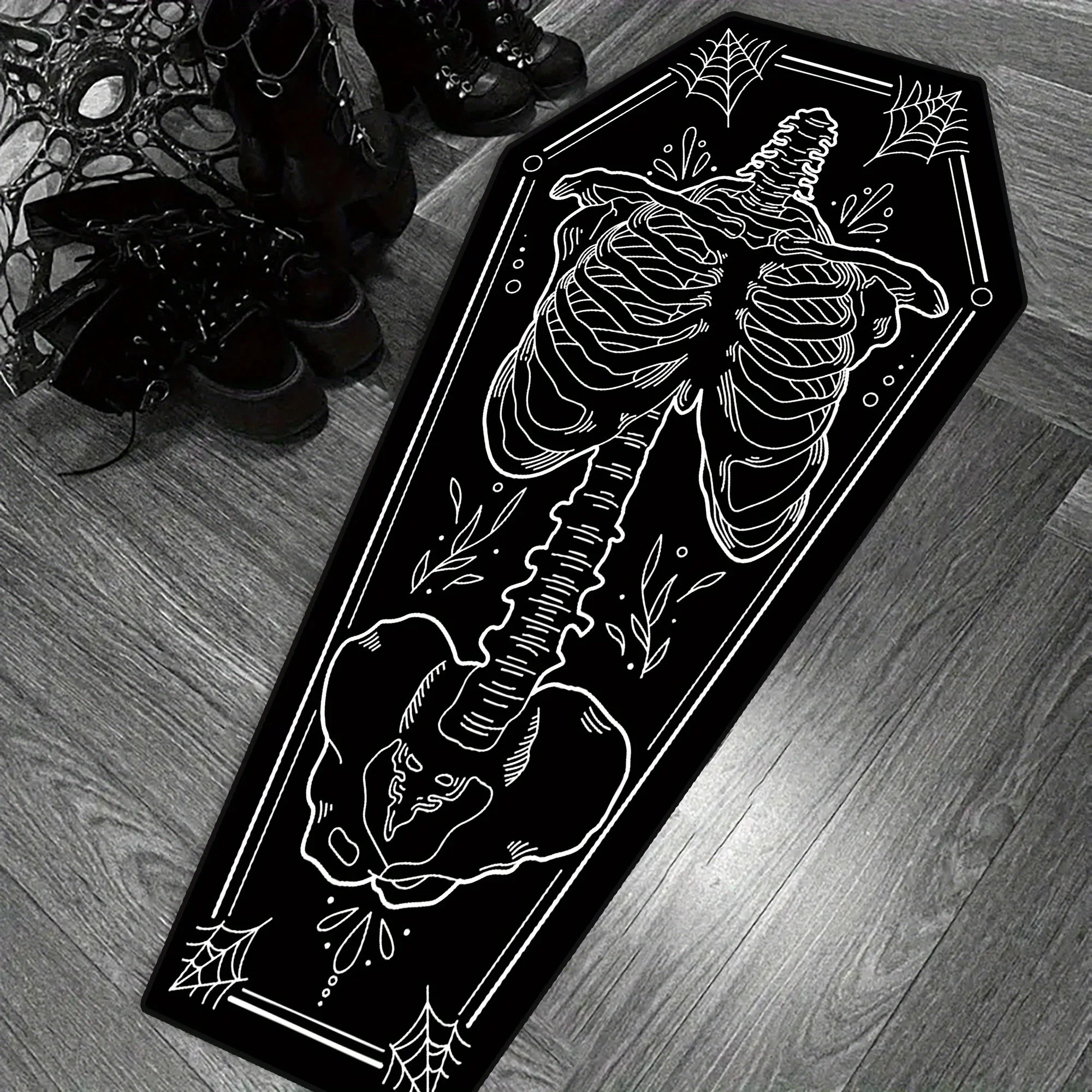 Gothic Coffin Shaped Skeleton Floor Mat Flannel Rug Soft Non Slip Washable Door Mat For Bathroom Bedroom Kitchen Home Decor