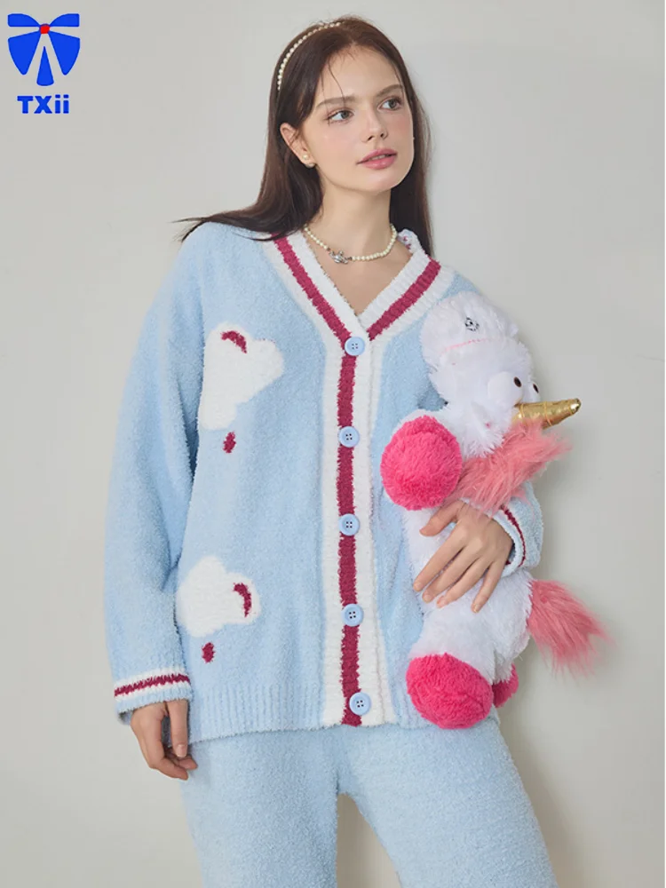 New Soft Half-side Velvet Pajamas Women's Autumn and Winter Sweet Cardigan Outer Wearing Warm Home Clothes