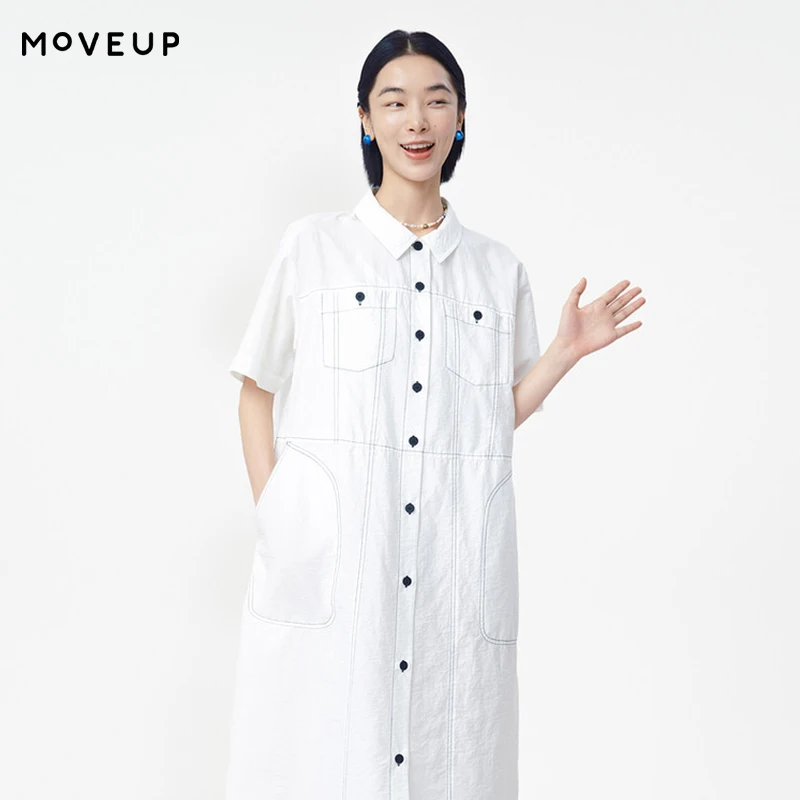 

MOVEUP Oversize Short Sleeves Shirt Dress 2026 Summer Multi Pocket Contrasting Button Drop Sleeves Casual A-Line Dress 125221356