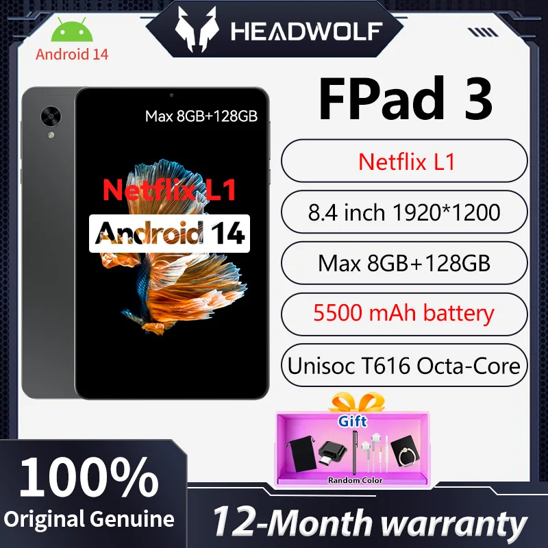 

HEADWOLF FPad3 8.4inch Android 14Netflix L1 Tablet 8GB RAM 128GB ROM Unisoc T616 Octa-core 4G LTE Dual SIM Phone Tablet 5500 mAh