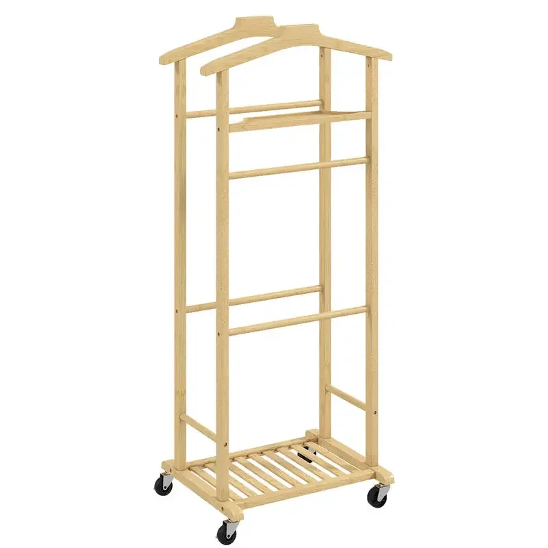Porte-vêtements sur roulettes, porte-manteau en bambou, double cintre intégré, 47 x 33.7 x 105.5 cm, bois naturel