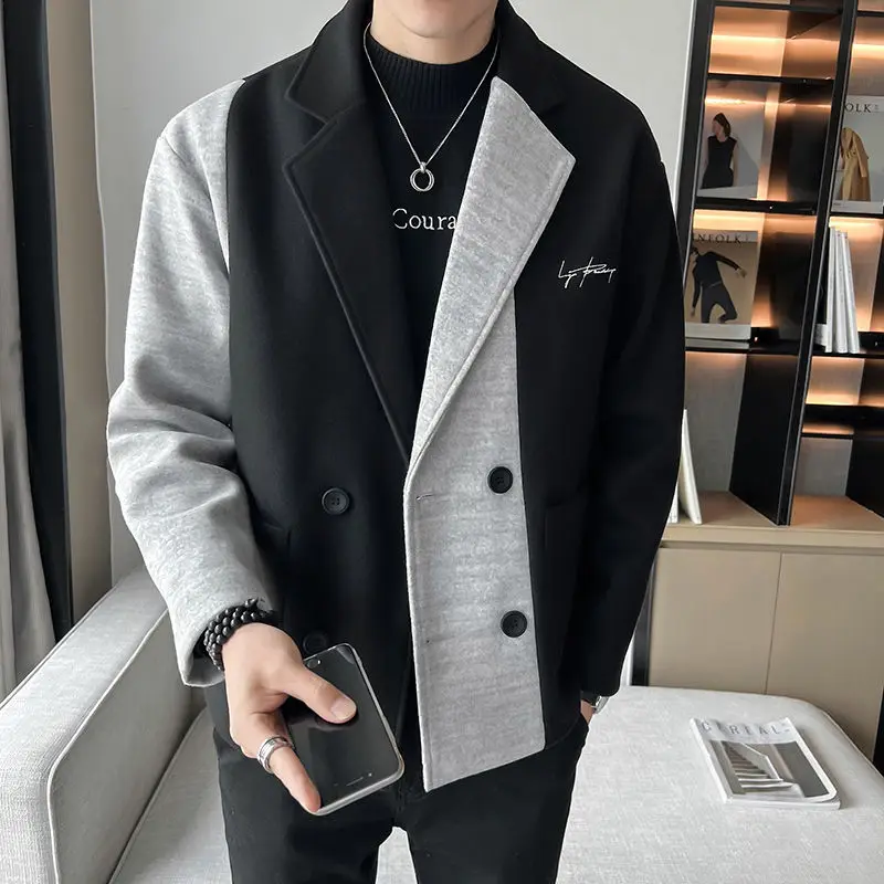 Color Blocking Short Windbreaker Jacket for Men's Casual Loose Men's Top New Spring and Autumn Trendy Brand Woolen Jacket