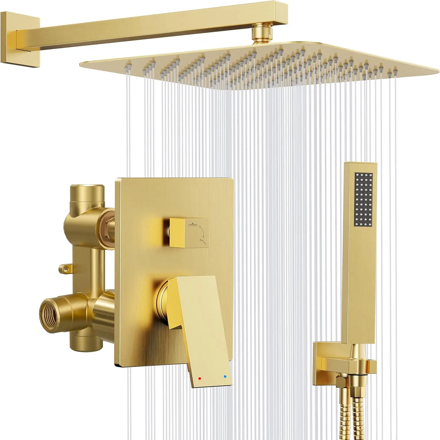 

10'' Square Rainfall Shower Head with Handheld Combo, Brushed Gold Shower Faucet Set with Valve and Diverter, Wall Mounted