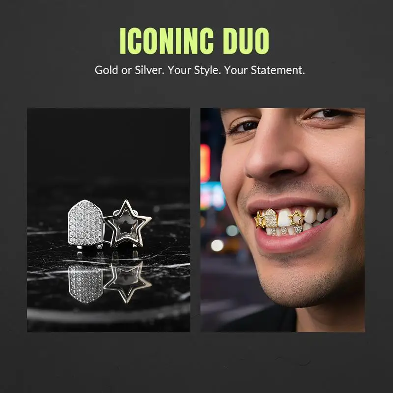 1/2Pcs Geometric Tooth Grillz Jewelry Irregular Shape Zirconia Double Hollow Star Tooth Accessory