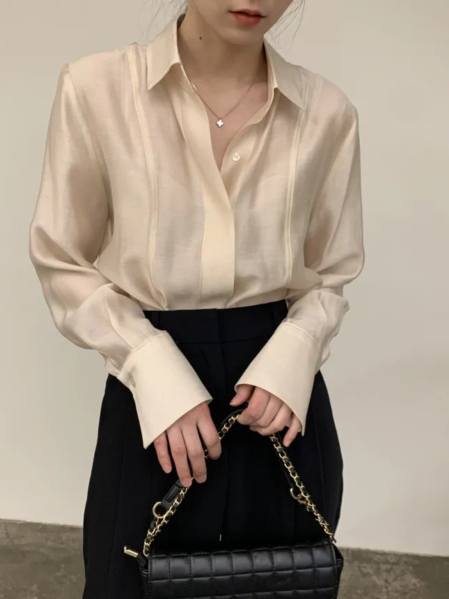 Spring 2026 Women's Korean Style See-through Shirt Loose Fit Long Sleeve Button up Elegant Top Fashionable Casual Wear