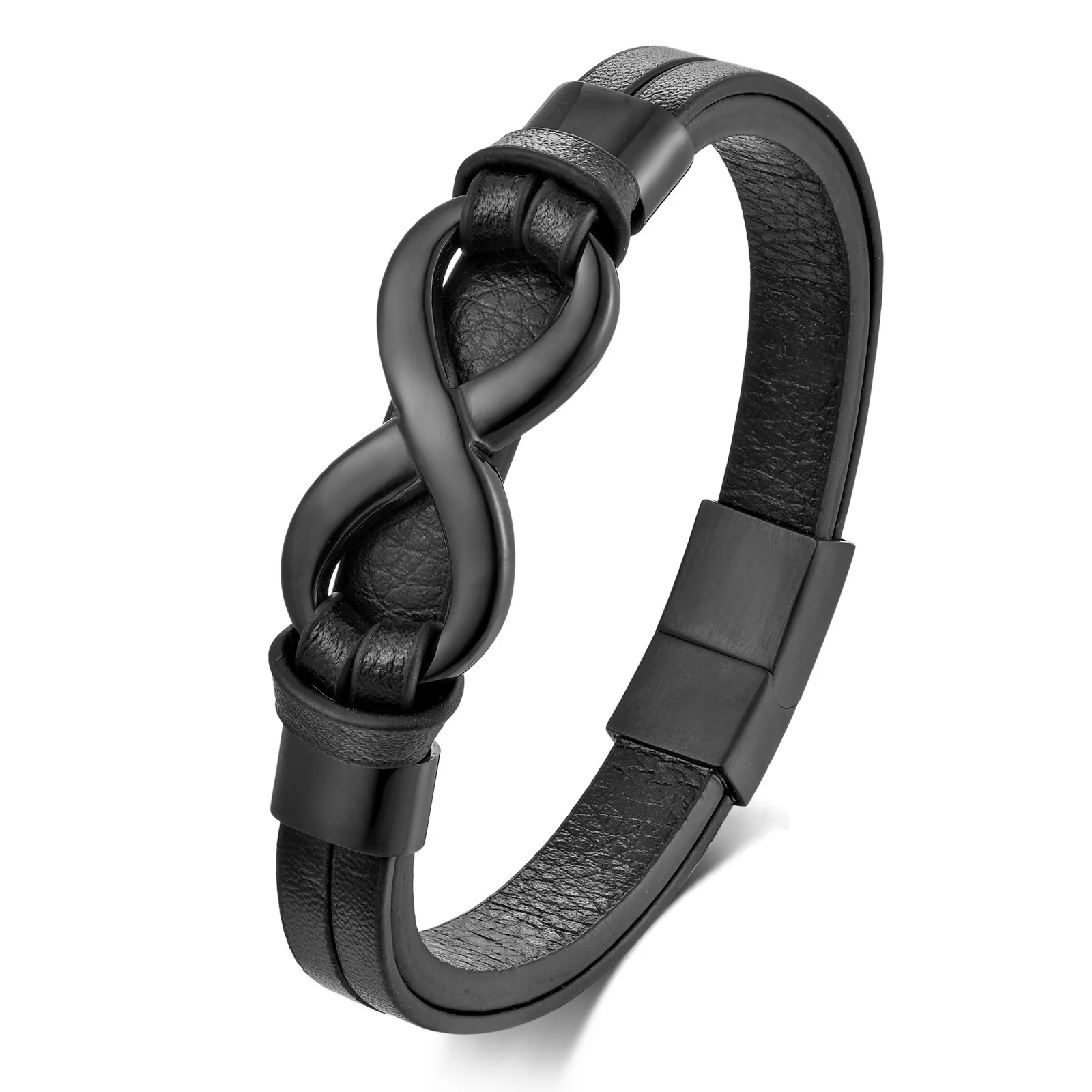 Doppelschichtige Leder 8-förmige Unendliche Symbol Armbänder Edelstahl Hip-Hop Männer Personalisierte Mode Armband Schmuck – Detail 1