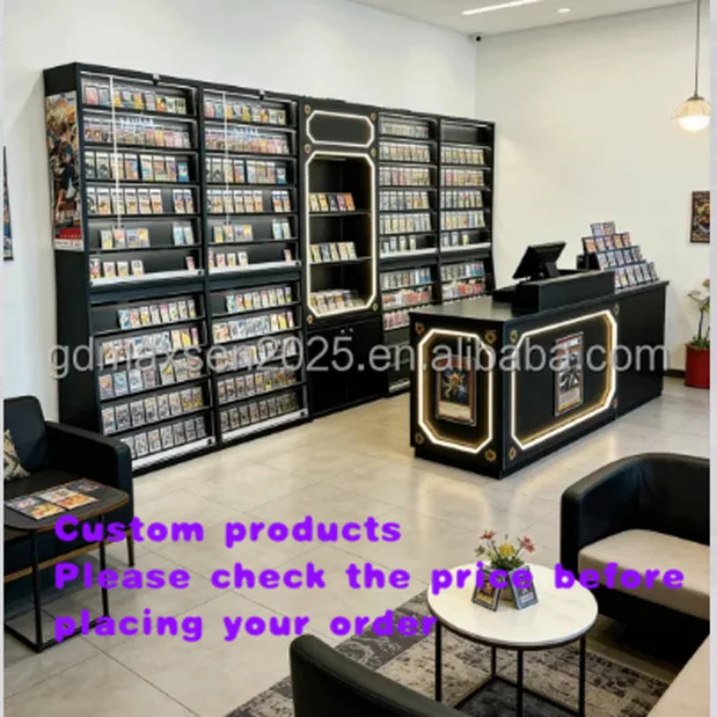 custom.Black Modern Portable Freestanding LED Light Trading Card Display Cabinet Lockable Acrylic Glass Adjustable Shelves E