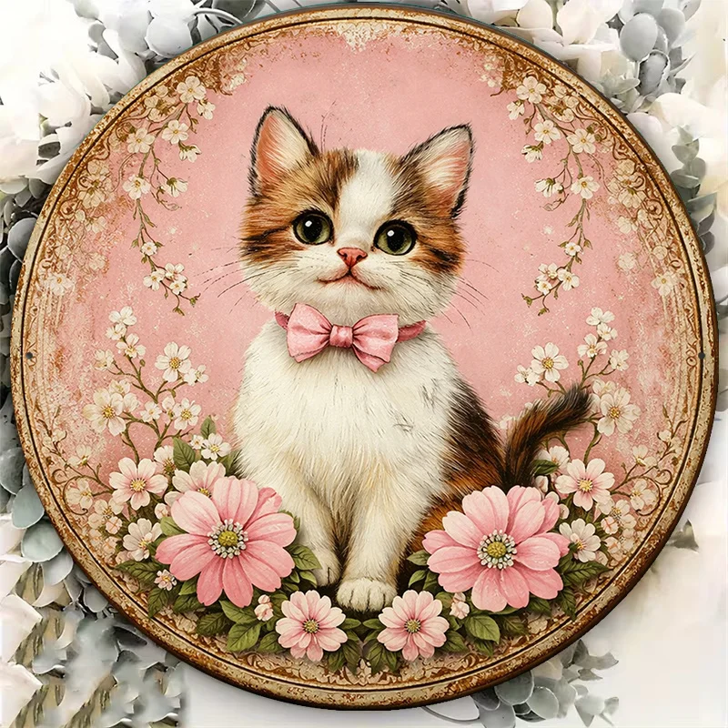 2D Flat - 1pc 8*8In/20X20Cm 2D Flat Round Sign, Retro Plaque about Cute Cats, Sweet Bow Cat Decorative Sign, Suitable for Cafe D
