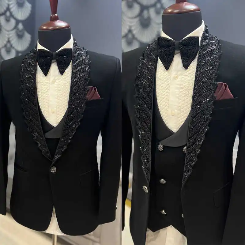 

New Luxury Beaded Men's Suit Slim Fit 3 Pieces Blazer Pants Vest Shawl Lapel Wedding Groom Tuxedo Banquet Party Customized