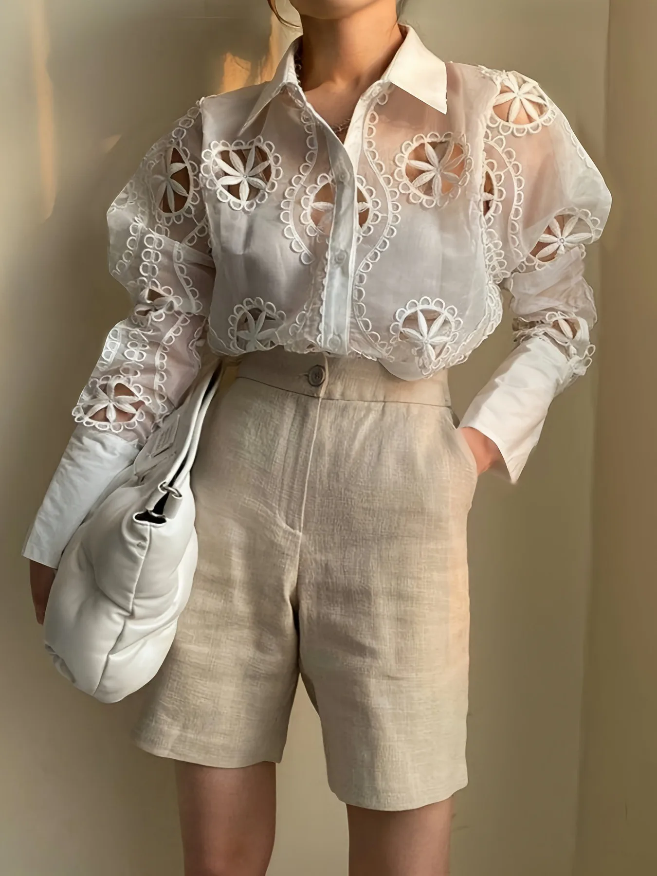 

Summer Women's Clothing Sheer Lace Blouse Tops Elegant Chic Shirt For Polyester Geometric Pattern Regular Fit Long Sleeve