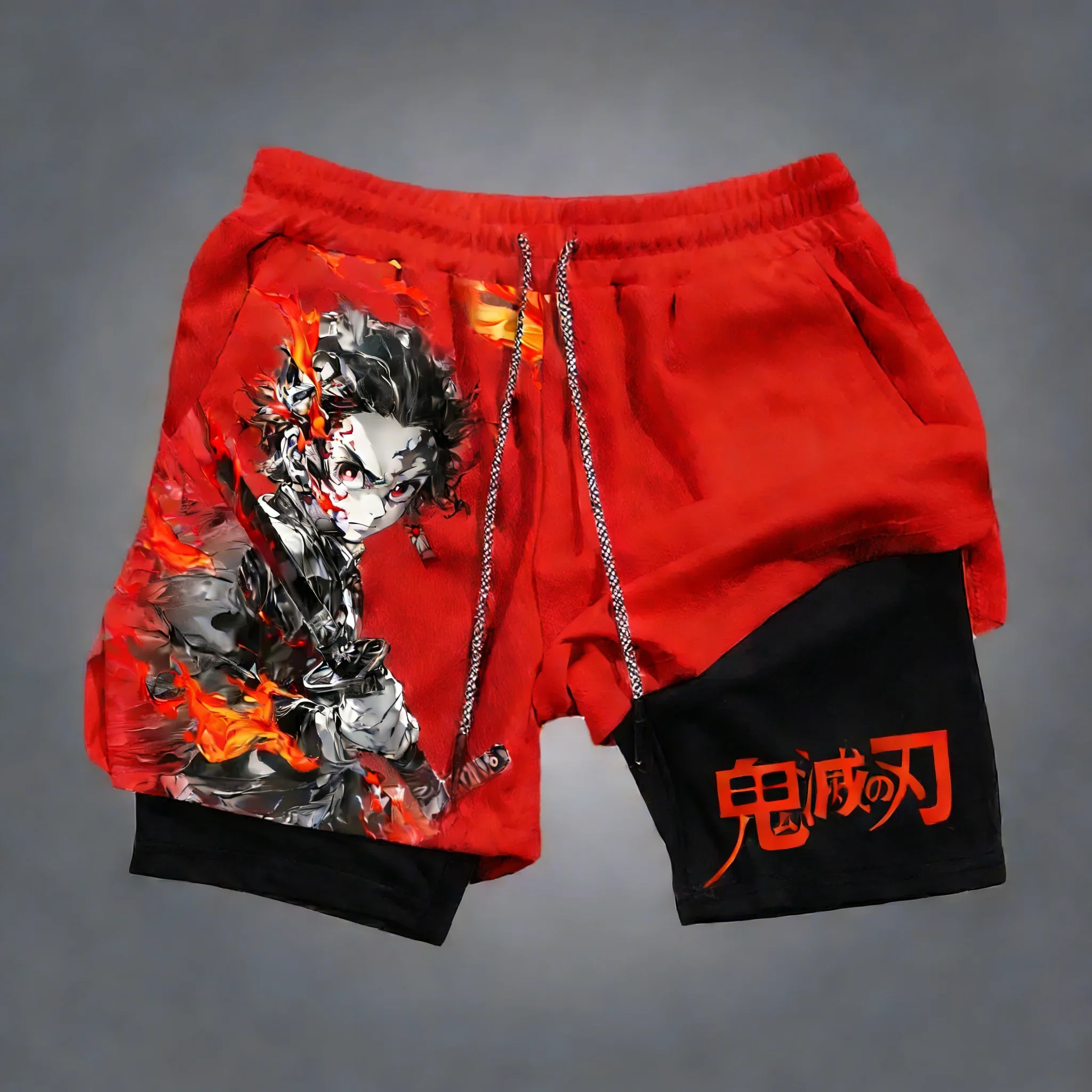 Demon Slayer Anime Tanjiro bedruckte Shorts, Sommer, neue 2-in-1-Shorts für Herren und Damen, Sport, Fitness, atmungsaktiv, schnell trocknend