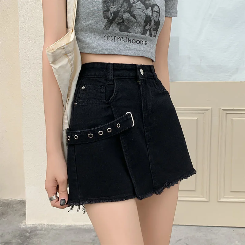 

Gothic Jean Shorts Skirts Women Summer Vintage A-line Mini Denim Skirts Casual Female Streetwear Punk Y2K Sexy Black Jupe Femme