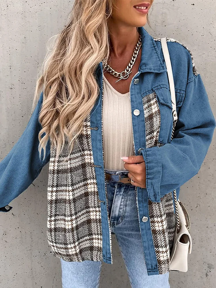 Plaid Shirts Jacket Women Vintage Loose Denim Jacket Female Fashion Retro Button Long Sleeve Jean Jacket Ladies Casual Outwear