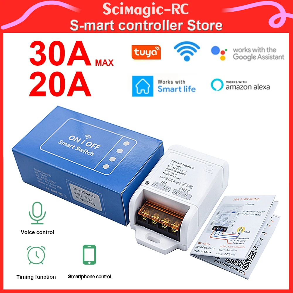 30A 4000W 6600W High 220V Power TUYA WiFi Smart Switch Timing Relay Work for Alexa Google Home App Remote Control