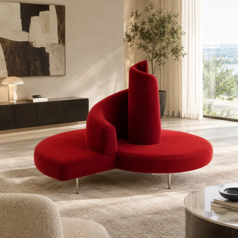 OAKEN Luxury Sculptural Tatlin Sofa Velvet Upholstery Designer Circular Center Sofa Postmodern Art Accent Sofa for Living Room