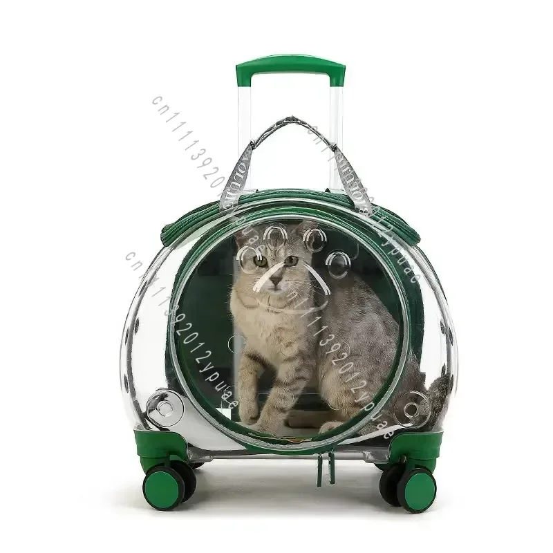 2 in 1 Transparent Breathable Pet Rolling Carrier Backpack Wheeled Trolley Travel Luggage Bag for Small Cats Dogs