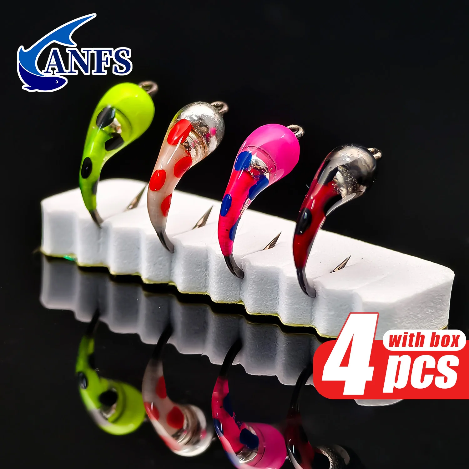 ANFS 4pcs Ice Midge Fly Fishing Nymph with Storage Box, Cool Hand Made Fly Accessories