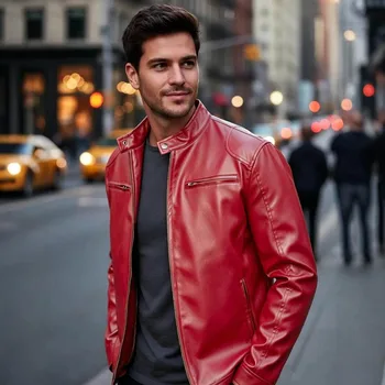 Men's PU leather jacket stand-up collar slim-fit vintage-style biker jacket spring/fall top 4
