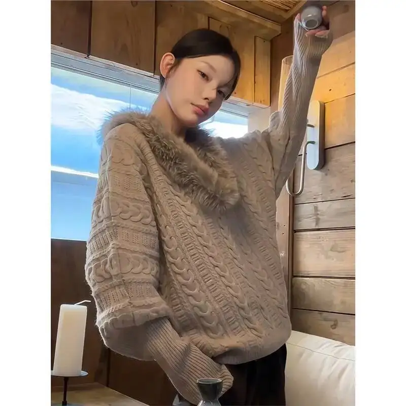 

Women's Fur Collar Knitting Sweater 2026 Spring Autumn Retro Batwing Sleeve V Neck Knitted Sweater Loose Thick Pullover Tops