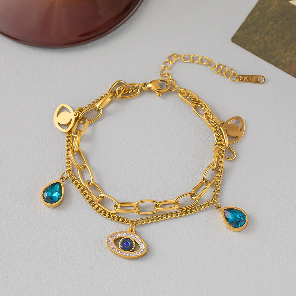 Stainless Steel Double Layer Evil Eye Charm Bracelet For Women Girl Luxury Vintage Bangle Birthday Party Wrist Jewelry Gift New