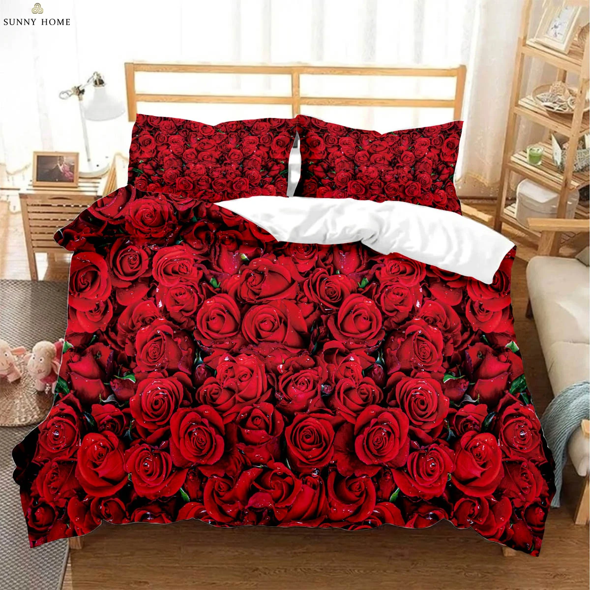 

2/3 Piece Duvet Cover Set (1 Duvet Cover + 1/2 Pillowcase, Pillow Core Not Included), Vintage Red Rose Flower Print Bedding Set