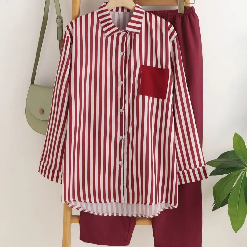 Summer Striped Long Sleeve Shirt Pants Set Women's Casual 2-Piece