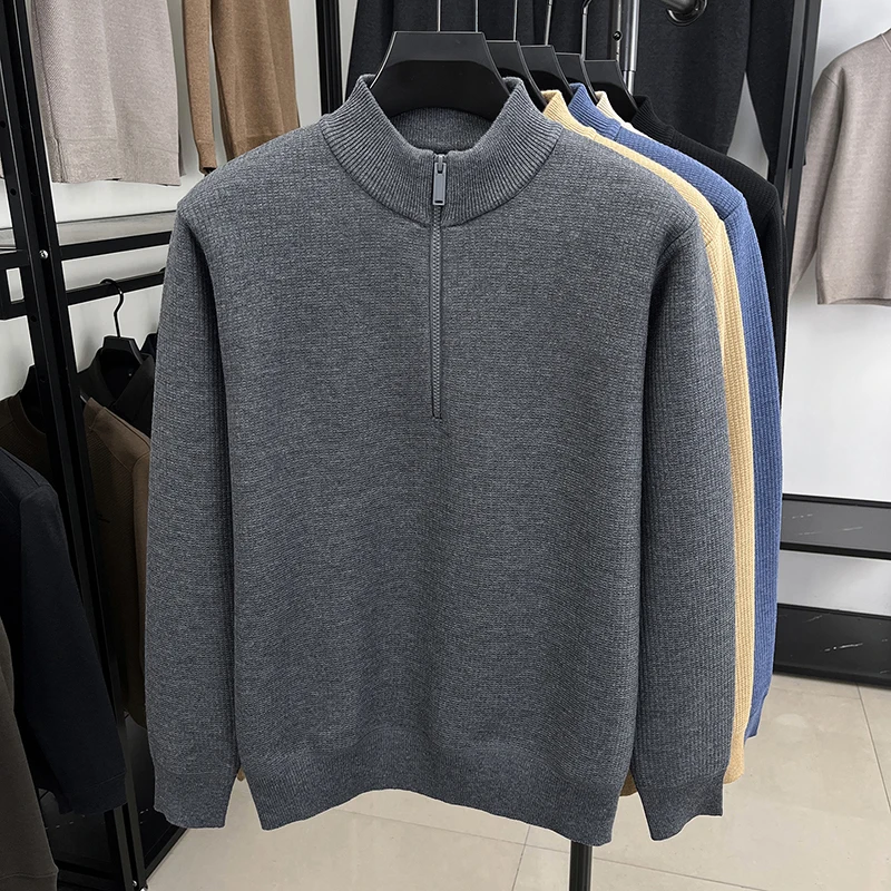 سترة رجالية عالية الجودة بنصف سحاب وياقة واقفة كاجوال فاخرة كلاسيكية بلون شتوي بلوفر متماسك سميك ودافئ #5