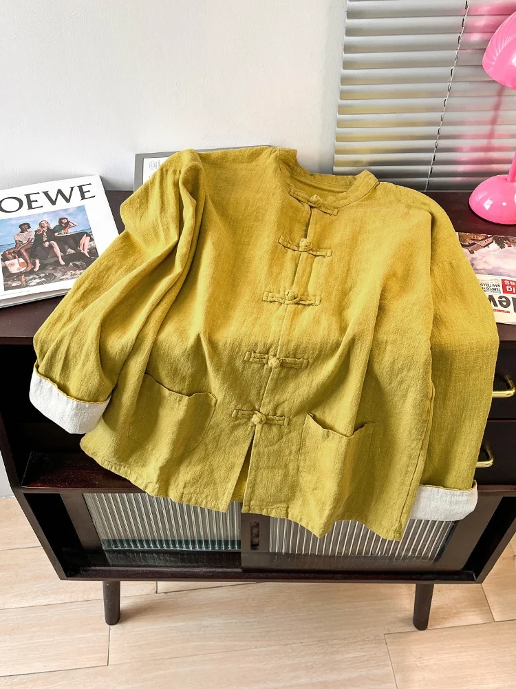 

New Chinese Retro Flax Button irt Women's Autumn National Sle Zen Improved Tang Costume Linen Jaet Top