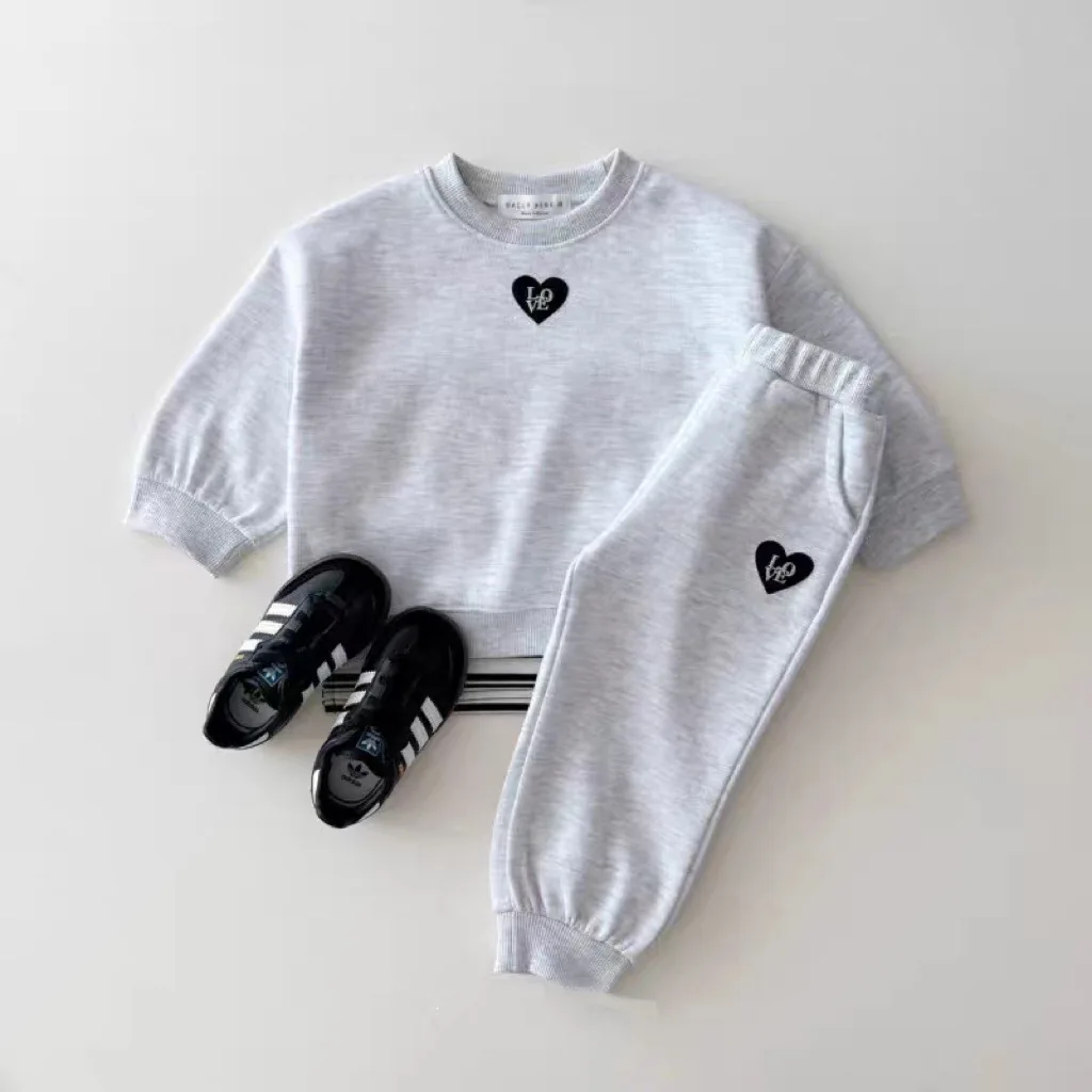 Korean version ins embroidery small heart round neck looped hoodie set 2 pcs set Spring and Autumn new style hoodie solid color