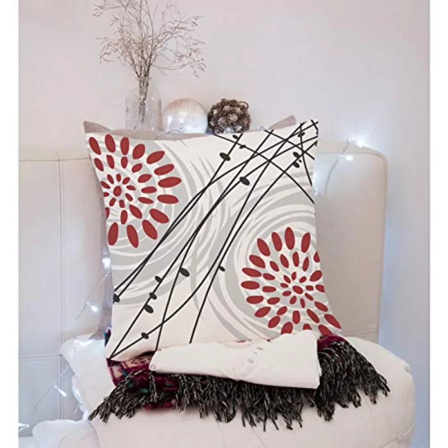 Throw Pillow Covers Black Bold Red Floral Design Gray Grey Home Cotton Linen Decorative Square Pillowcases Cushion Cover 18 X 1