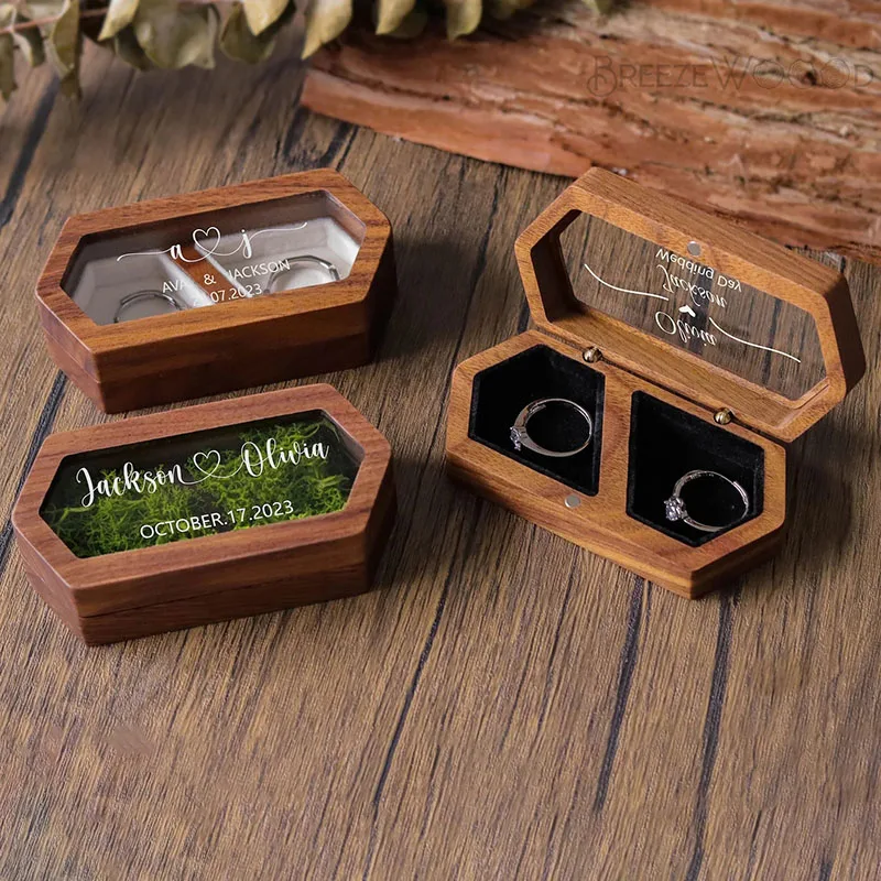 Personalized Wedding Ring Box Double Slot Wooden Proposal Ring Box Earring Ring Storage Case for Ceremony Wedding Proposal