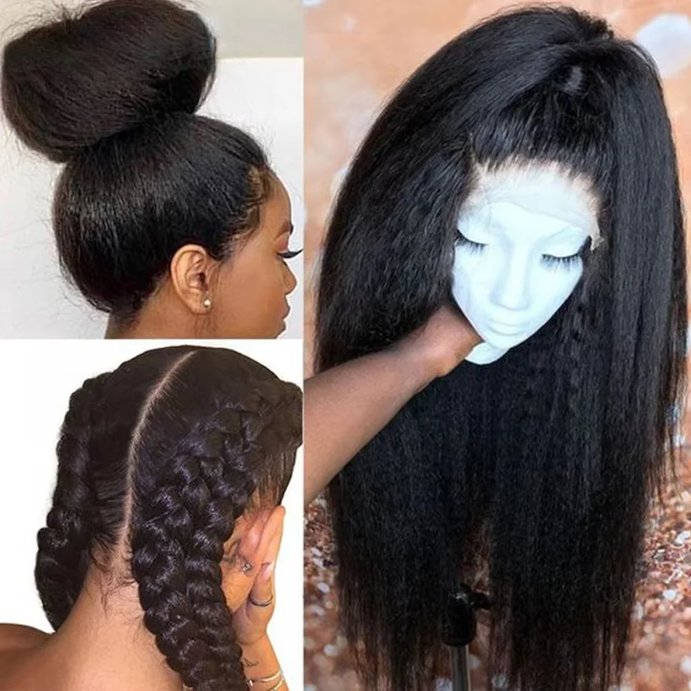 

Синтетический парик с натуральным черным цветом, прямой, с эффектом кинки, 30 дюймов, плотность 180, с кружевной передней частью 13x4, без клея, с детским волосом, для женщин.