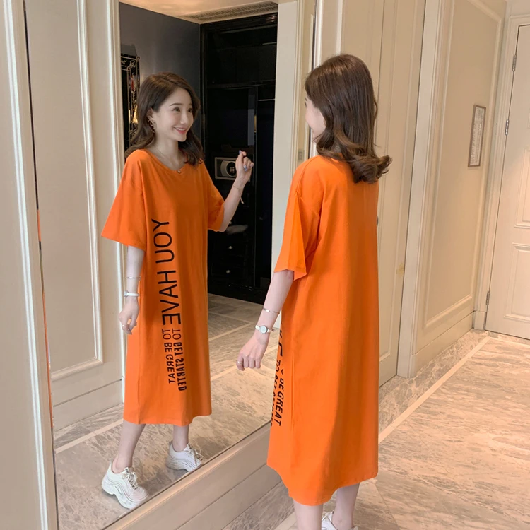 Summer Long T-Shirt Dress Women's Student Short Sleeve Oversized Lazy Large Size Casual Style Printed Midi Skirt Dress
