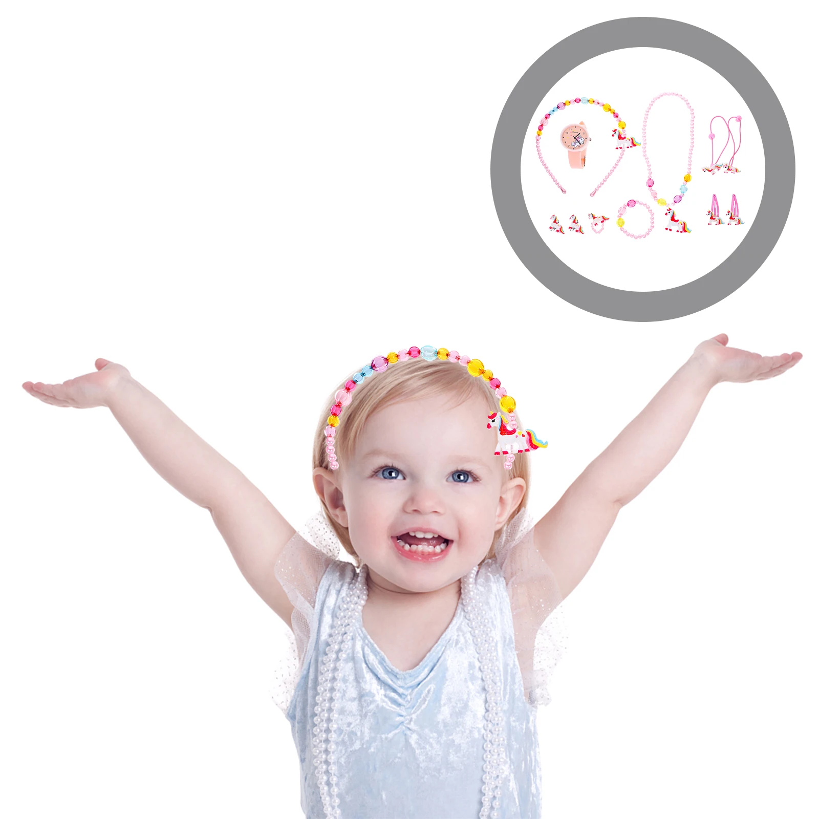 

11 Pieces Kids Jewelry Set Unicorn Watch Bracelet Necklace Hair Accessories PVC Plastic Gifts for Toddler Girls
