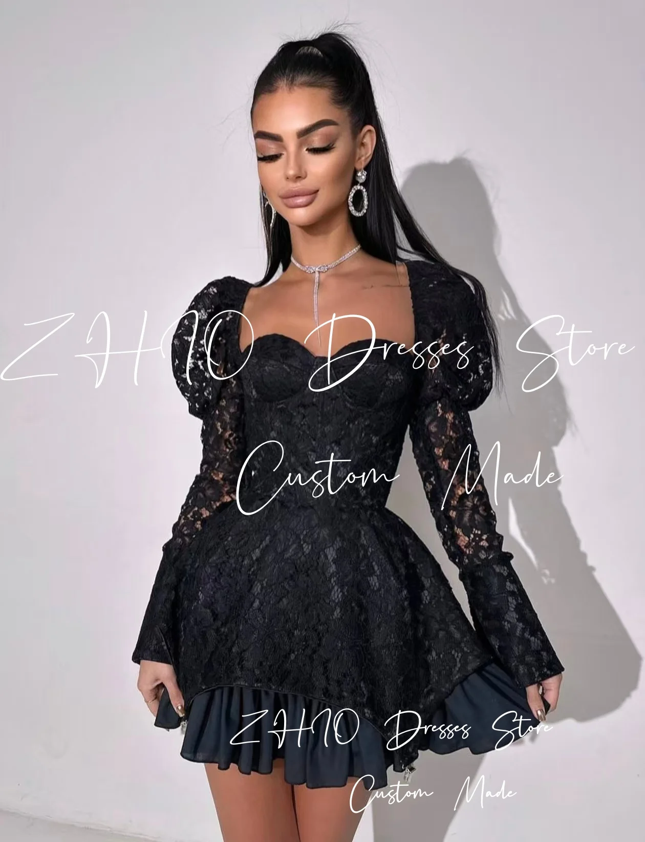 ZHIO فساتين حفلات زفاف صغيرة من الدانتيل العتيق بأكمام طويلة متدرجة للمناسبات الخاصة فساتين احتفال قصيرة فستان حفلات مخصص #3