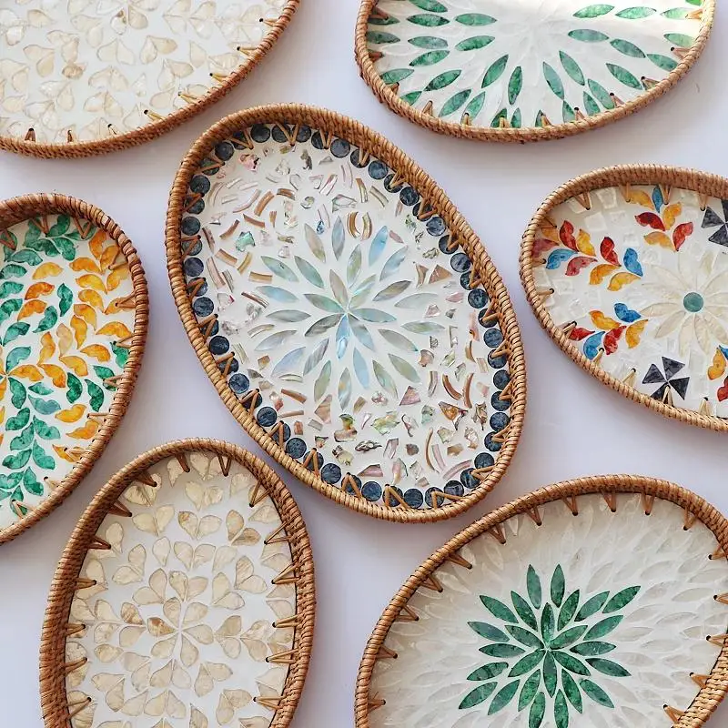 

Handmade rattan shell fruit tea tray dim sum bread basket household living room desktop storage tray oval