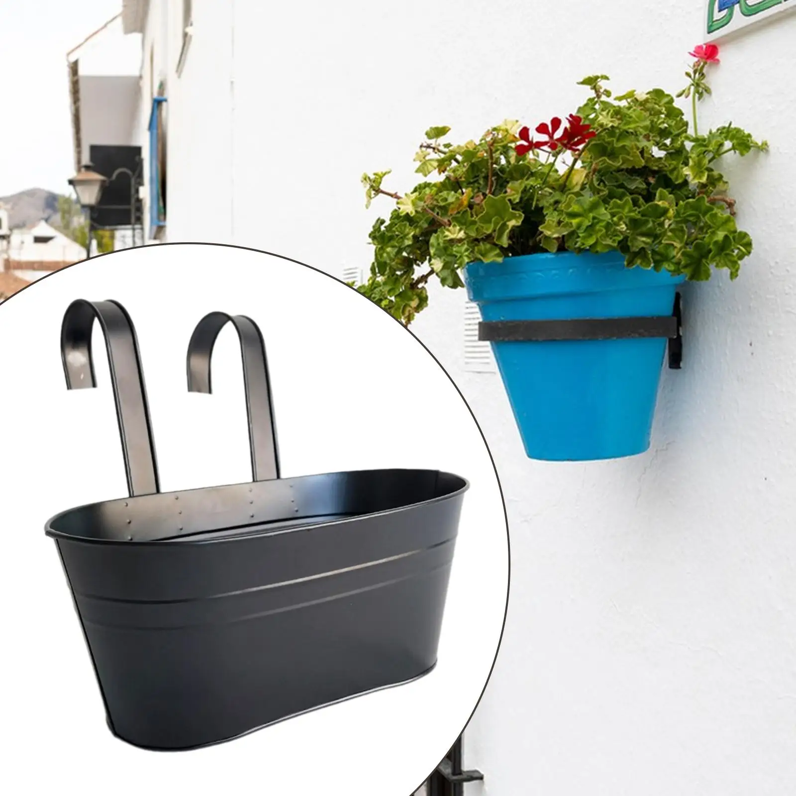 Iron Bucket Planter Hanging Flower Pot Patio Plant Pot Window Railing Flower Holder Detachable Hooks for Home Nursery Outside