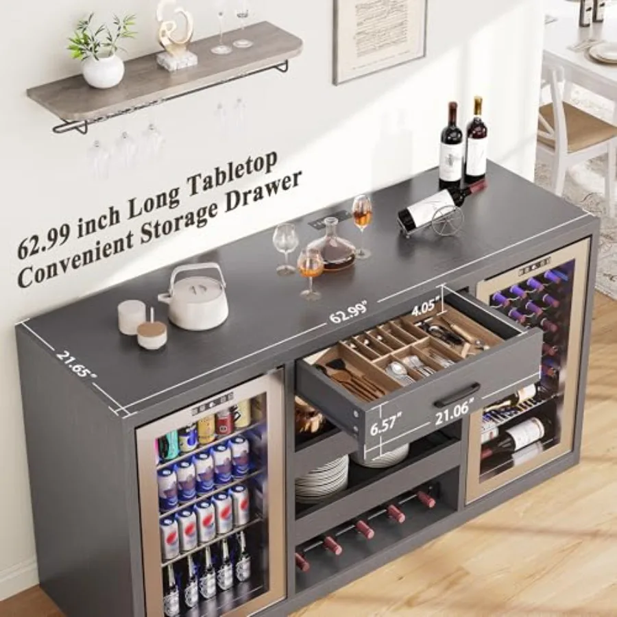 Large Coffee Bar Cabinet with Fridge Space Mini Fridge Cabinet with Pull-Out Drawer and Power Outlets Farmhouse Design Liquor C