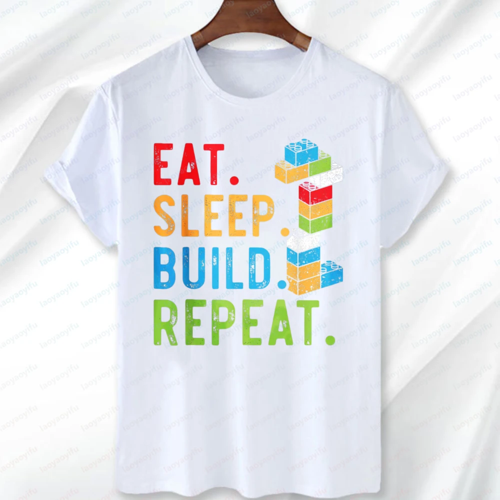 Eat Sleep Build Repeat Master Printed T-shirt Builder Bricks Blocks Tee Summer Vintage Trend Fashion Men's Clothing Toy Fan Gift