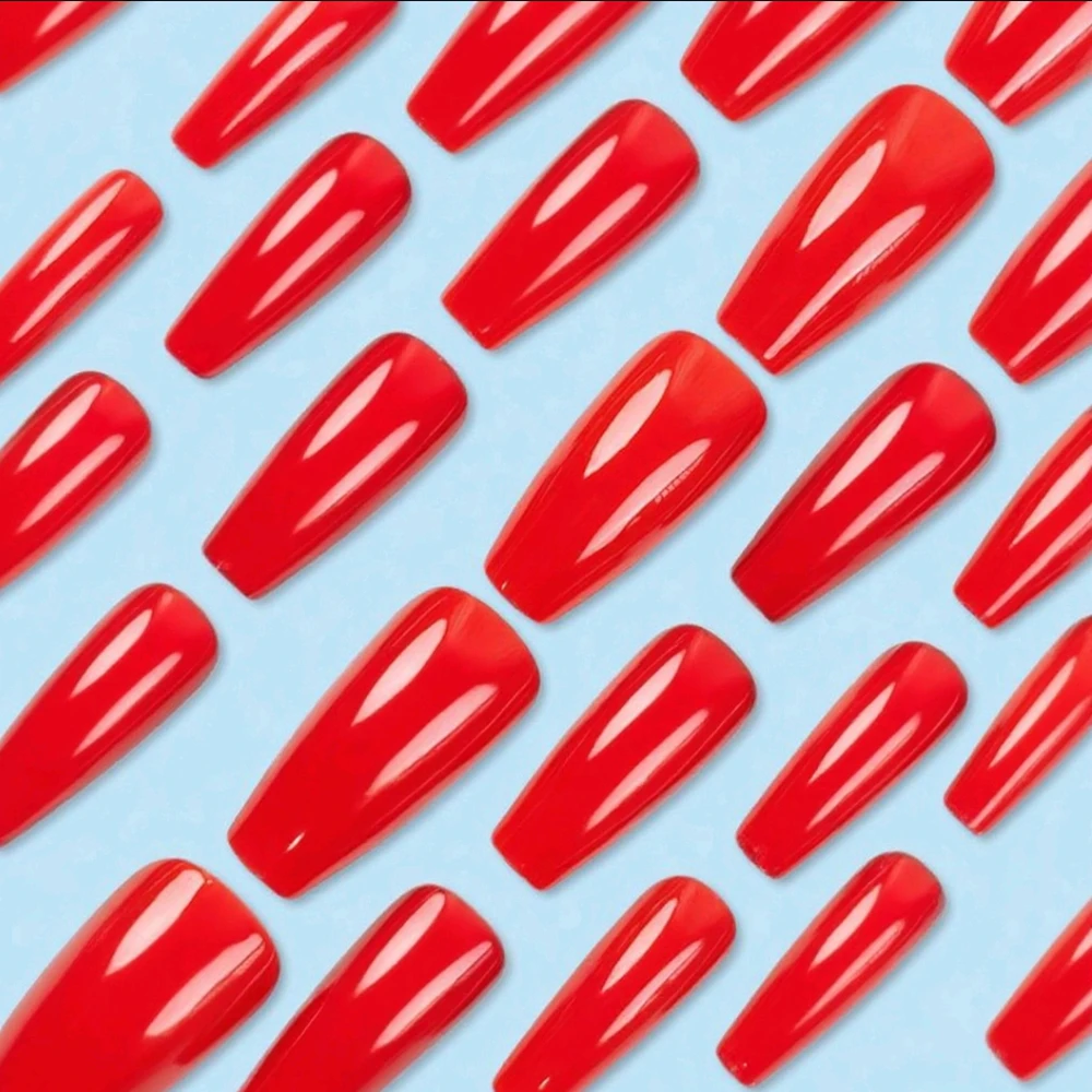 반짝이는 짙은 빨간색 아크릴 인조 손톱 팁, 접착제 포함, 여성용 짧은 발레리나 코핀 모양 프레스온 네일, 매니큐어 액세서리