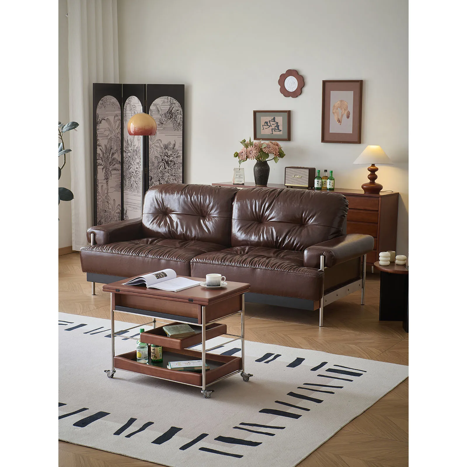 Oil wax leather sofa, small apartment in household living room, straight row of three people, medieval retro leather art sofa